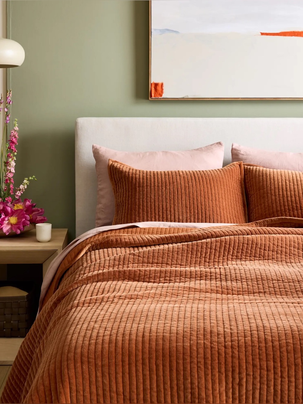 Quince Terracota Cotton Velvet Channel Quilted King Pillow Sham
